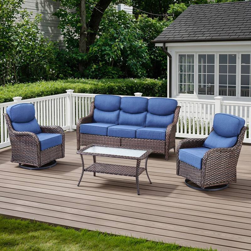 Arcadia 4-Piece Wicker Patio Conversation Set with Swivel Gliders and 6-Inch Thick Olefin Cushions