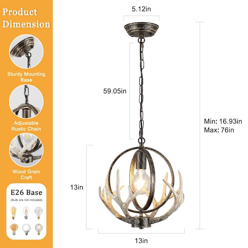 13inch Single Light Antler Rustic Farmhouse Style with Metal Frame Chandelier
