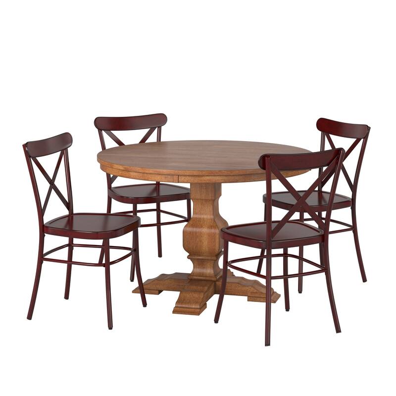 Eleanor 5-Piece Dining Set with Metal X-Cross Back Chairs by iNSPIRE Q Classic - Oak Table - Berry Red Chairs