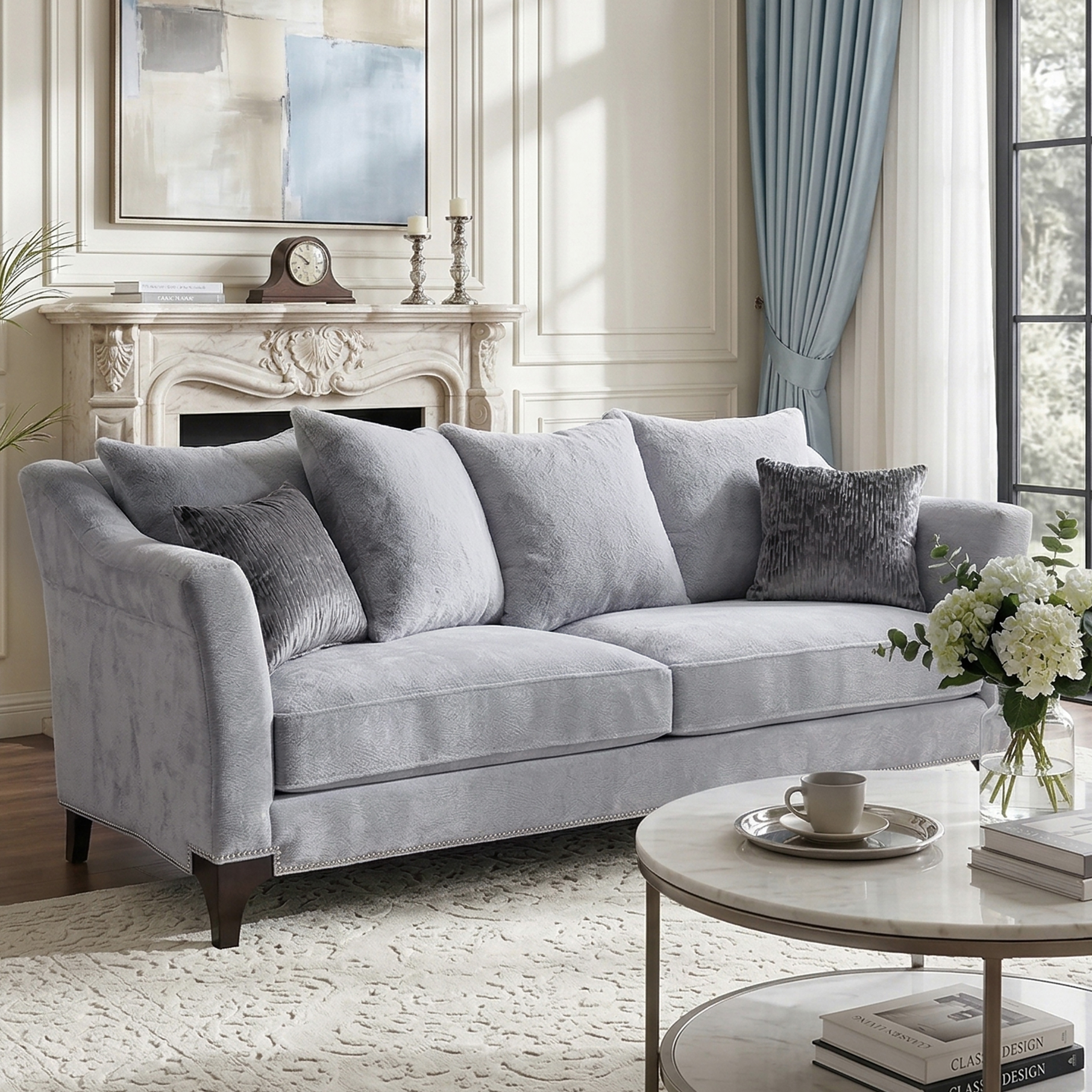 Furniture of America Torren Modern Light Grey Solid Wood Nailhead Trim Sofa with Accent Pillows