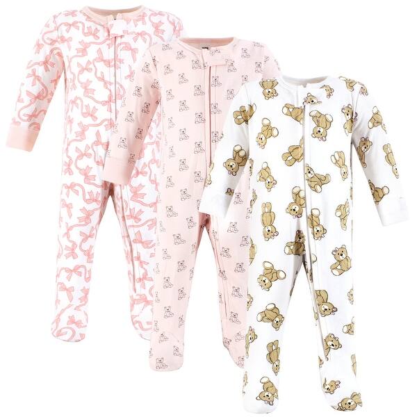 slide 1 of 1, Hudson Baby Girls Cotton Sleep and Play, Pink Teddy Bear 0-3 Months - Pink Teddy Bear