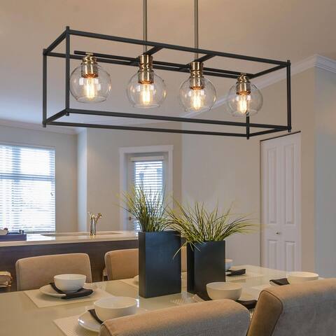 Iain Modern 4-Light Black Gold Chandelier Rectangle Island Lights for Dining Room