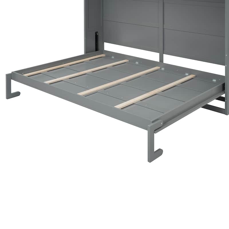 Queen Size Murphy Bed Wall Bed with Top Cabinets & Wine Rack, White