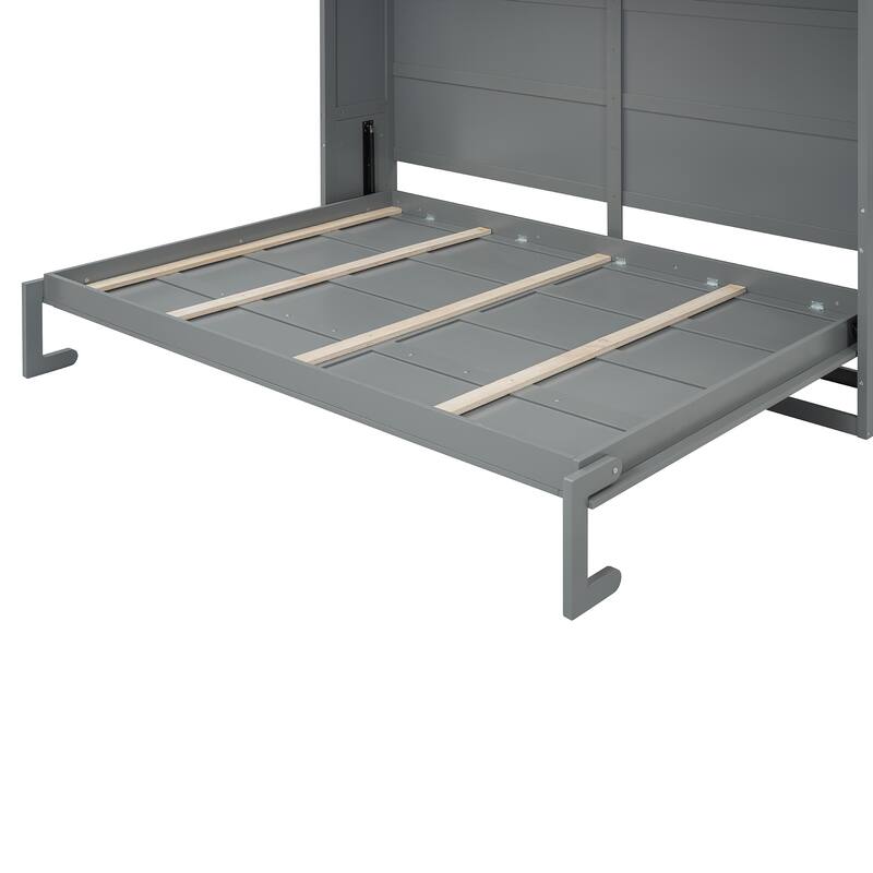 Queen Wall Bed with Upper Storage Cabinets and Built-In Wine Rack, Folding Murphy Bed with Slatted Base