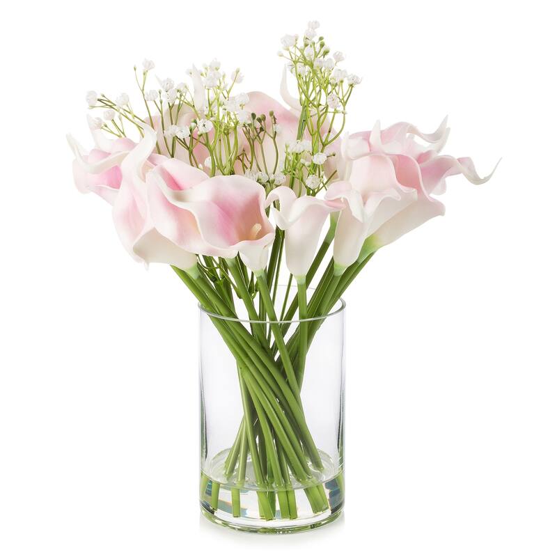 Enova Home 18 Mixed Artificial Real Touch Lily Flower Arrangement in Clear Glass Vase with Faux Water for Home Wedding - Pink