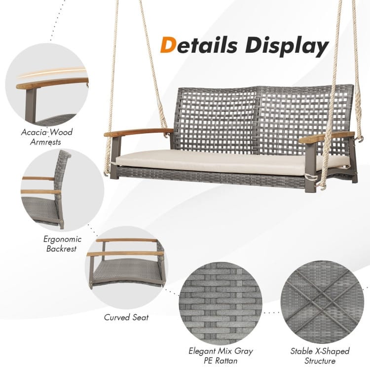 2-Person Patio Wicker Hanging Swing Chair - 55" x 27" x 21.5" (L x W x H)