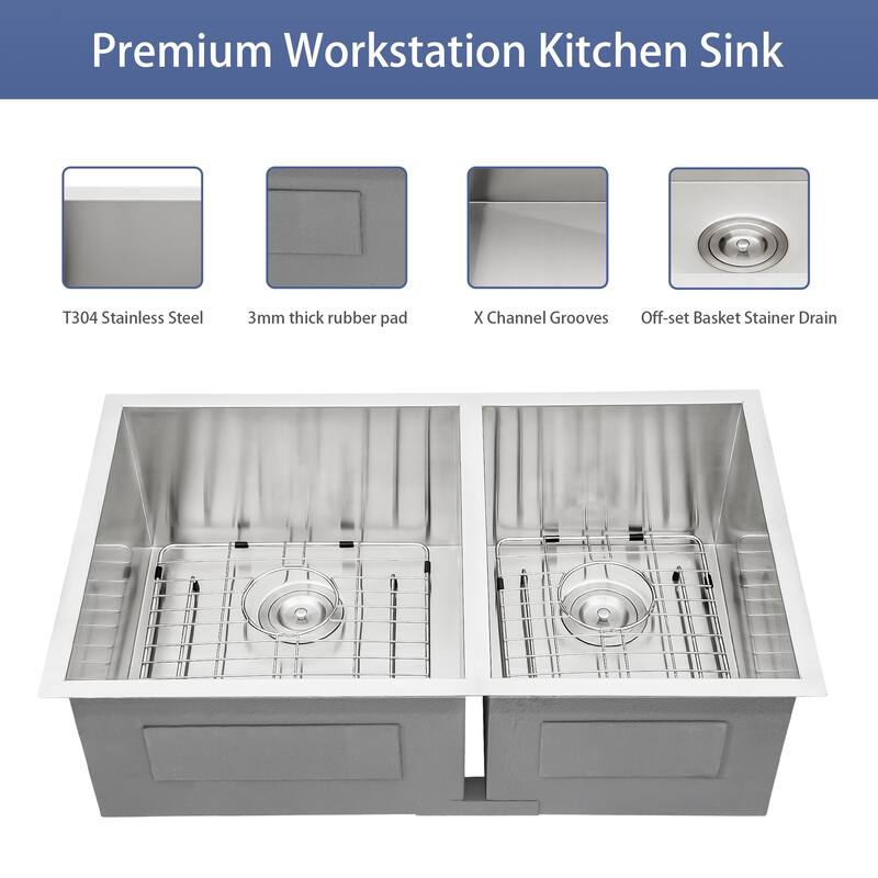 Undermount 16 Gauge Double Bowl Stainless Steel Kitchen Sink in Brushed Nickel - 33'' x 19'' x 9''