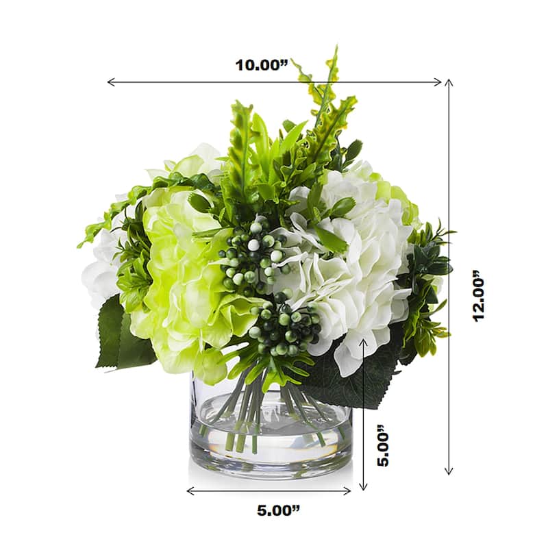 Enova Home Artificial Mixed Fake Silk Hydrangea Flowers Arrangement in Clear Glass Vase for Home Office Decoration