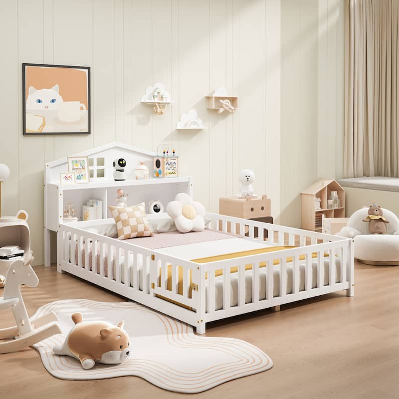 Full Size Plywood Montessori Floor Bed with Bookcases - White