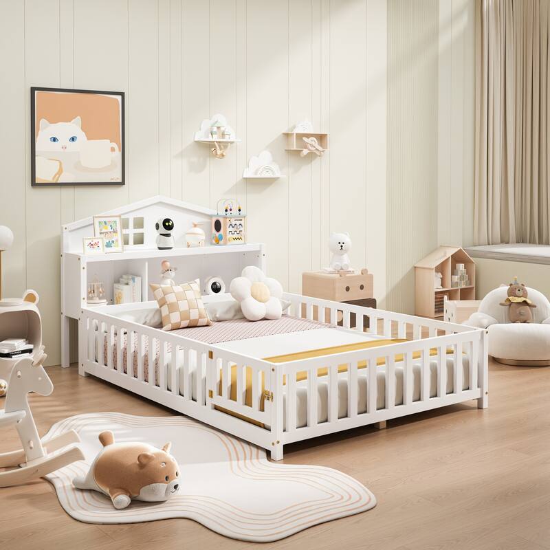 Full-size Montessori Floor Bed with Bookcases, Blackboards & Guardrails, Solid Wood Kids Platform Bed with Storage Headboard