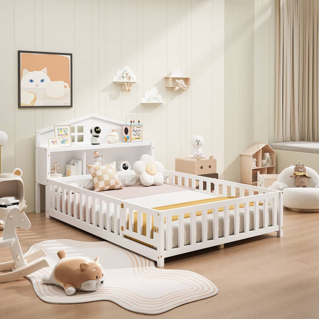 White Full Size Plywood Montessori Floor Bed with Bookcases