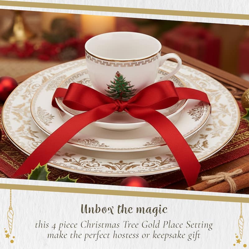 Spode Christmas Tree Gold 4 Piece Place Setting - 11.2" L x 3.5" W x 11.2" H