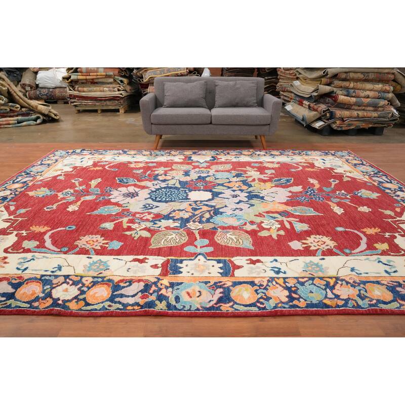 Hand Knotted Oriental 100% Wool Carpet Transitional Floral Red Oushak Area Rug - 12' 0'' X 9' 3''