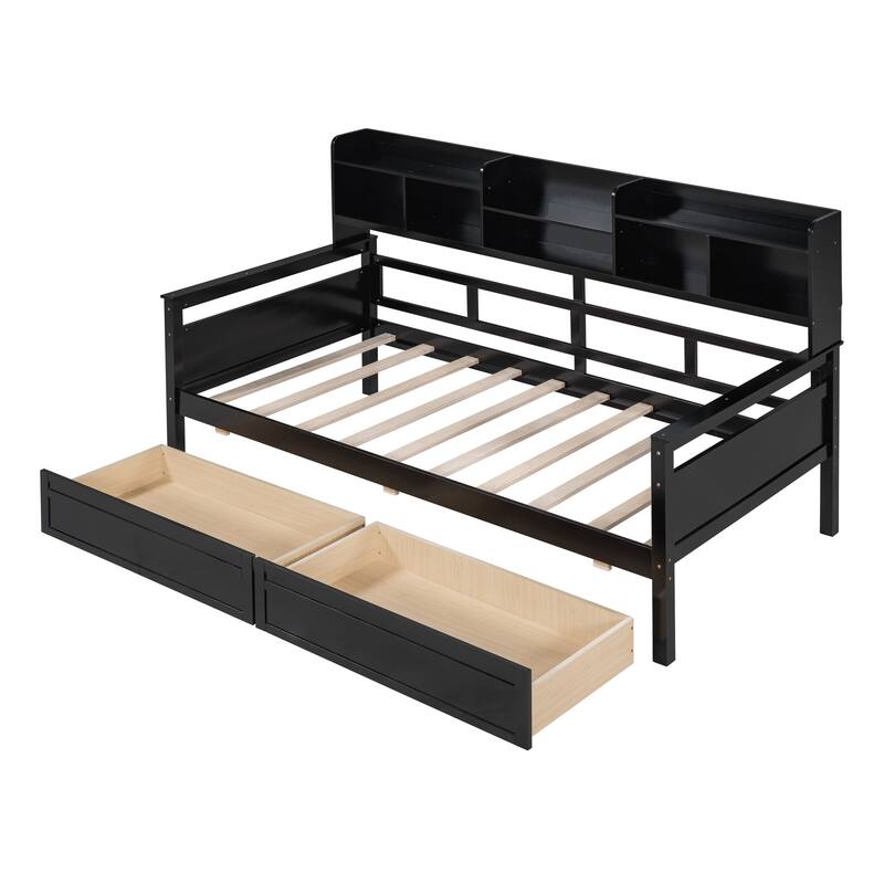 Twin Size Daybed with Wood Slat Support, Bedside Shelves, and 2 Storage Drawers