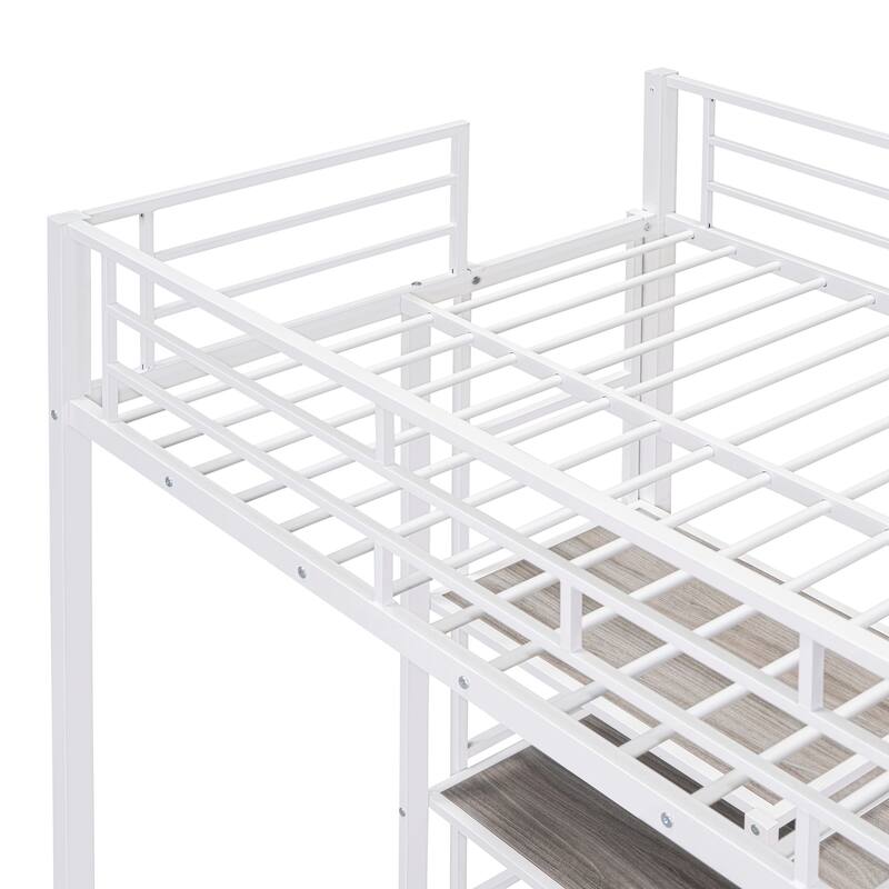 Twin Size Metal Loft Bed with Desk, Whiteboard, Shelves, and Ladder