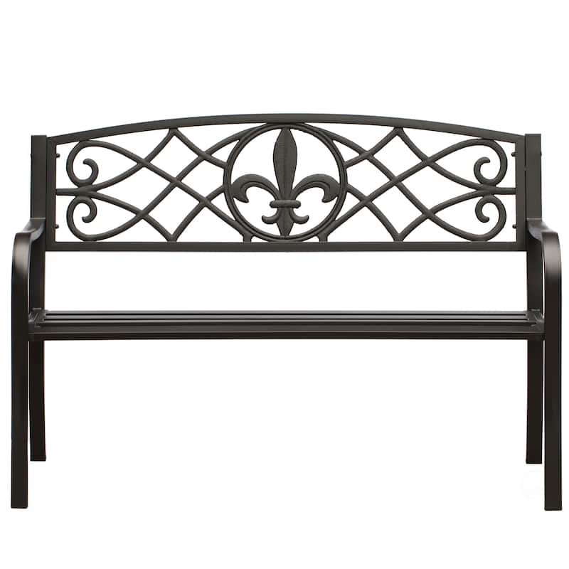 Outdoor Garden Patio Steel Park Bench Lawn Decor with Cast Iron Unique Design Back, Black Seating Bench for Yard, Patio, Garden