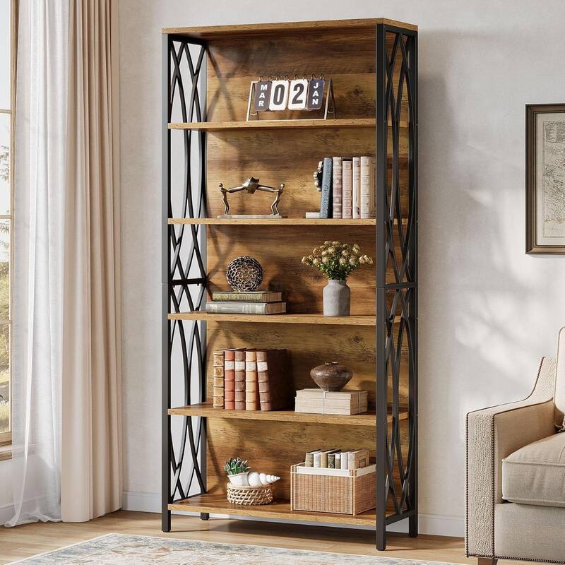 6-Tier Tall Bookshelf, 70.87" Industrial Bookcase with Geometric Metal Frame & Open Storage Shelves - 1pcs