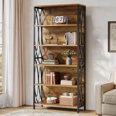 6-Tier Tall Bookshelf, 70.87" Industrial Bookcase with Geometric Metal Frame & Open Storage Shelves