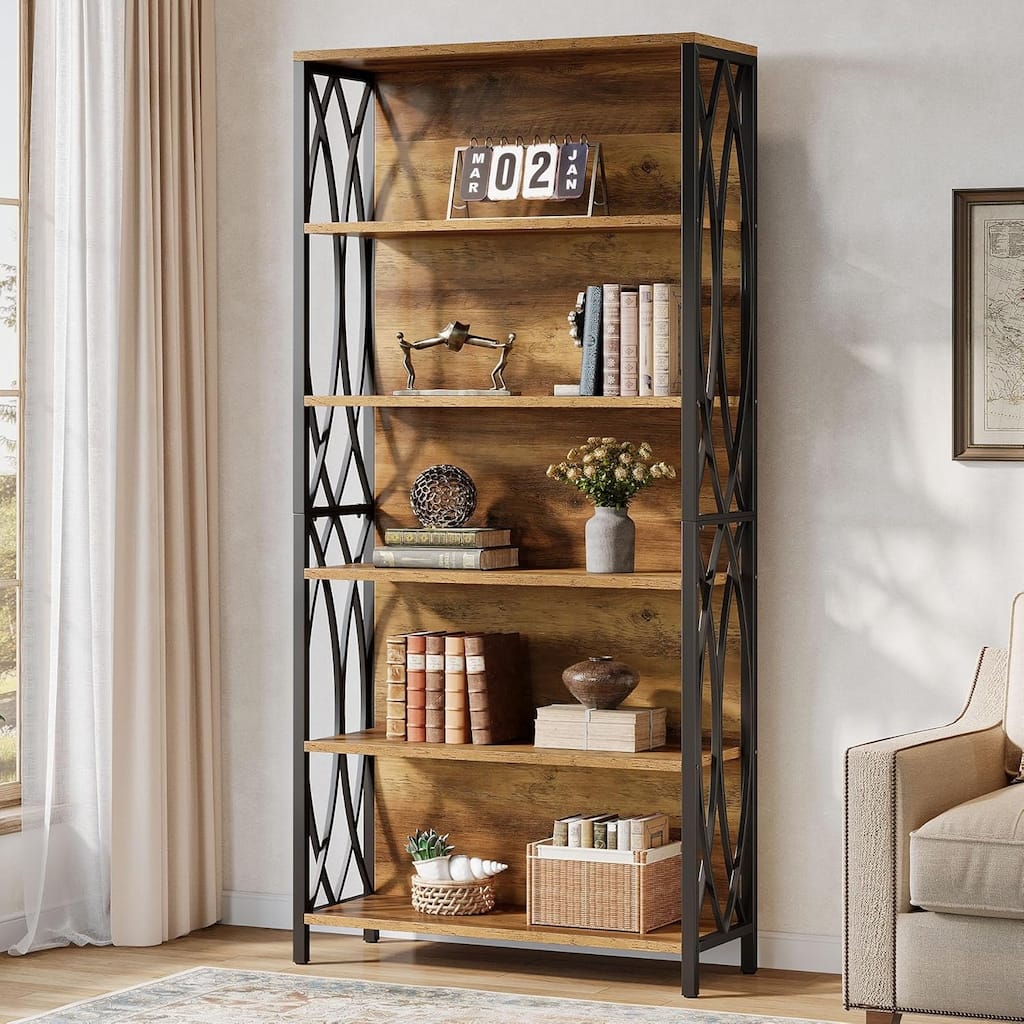 6-Tier Tall Bookshelf, Industrial Bookcase, Freestanding Display Shelf for Home Office, Living Room, Rustic Brown