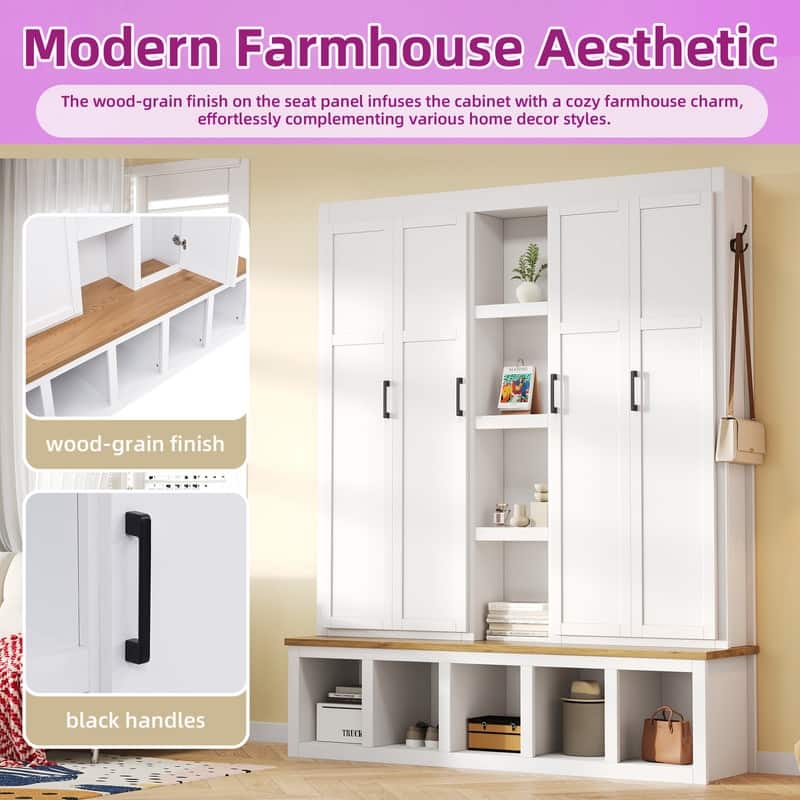 4-in-1 Hall Tree with 6 Hanging Hooks, Entryway Shoe Cabinet with Open Compartments, Wood Bench with Multiple Storage Space