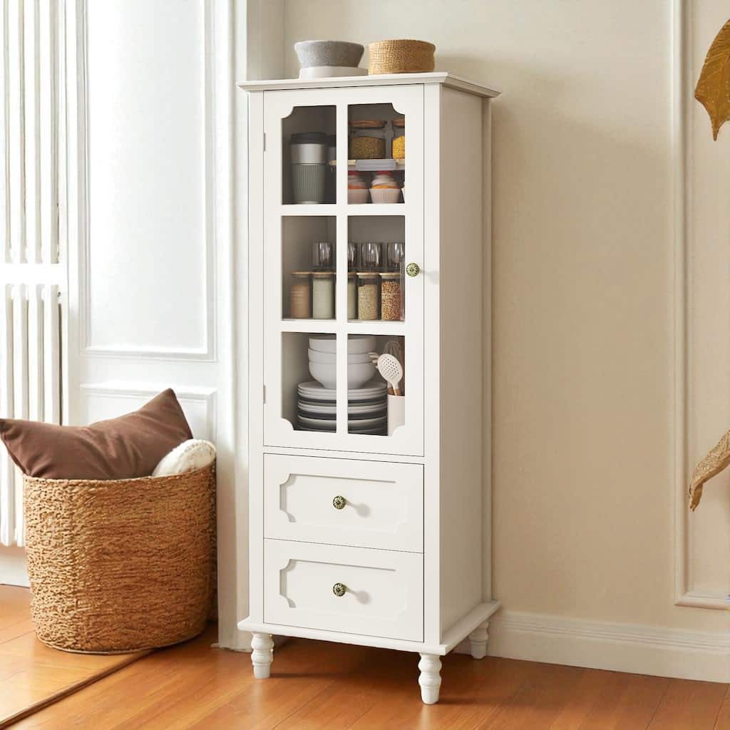 Modern Buffet Cabinet with Glass Doors and Double Drawer, Wooden Sideboard Storage Cupboard for Dining Room Entryway Hallway.
