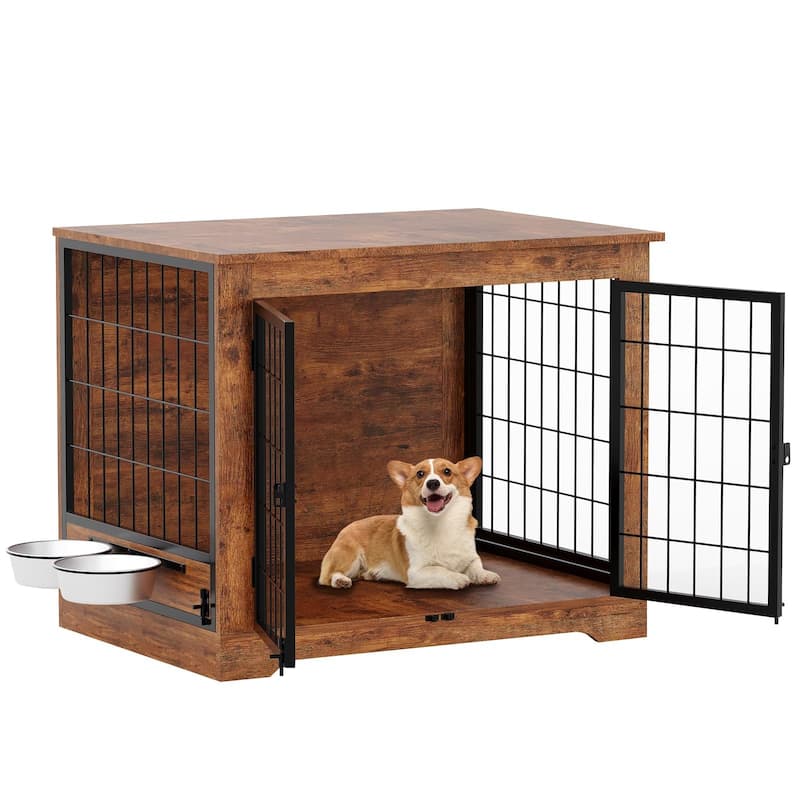 Dog Crate Furniture, Heavy Duty End Table Kennel with Rotating Feeder