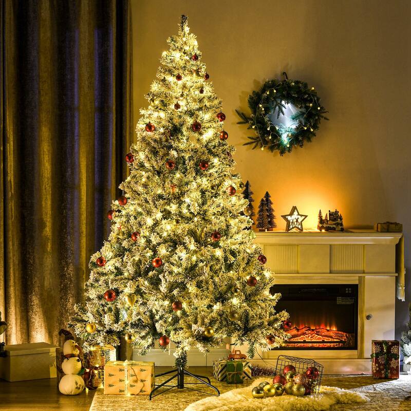 7.5ft Snow Flocked Artificial Xmas Tree with Warm and Colorful LED Lights