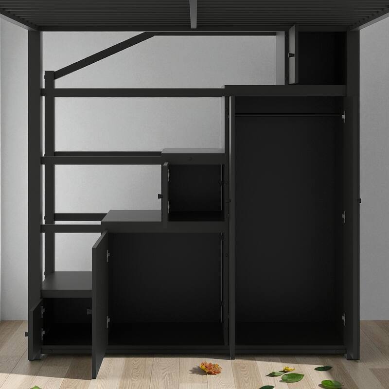 Full Size Metal Loft Bed with Storage Shelves, Wardrobe, Staircase Cabinets and Study Space for Kids & Teens