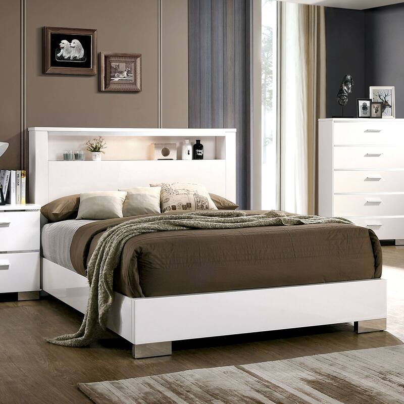Wooden Bed With Shelf in HB, White - White - Queen