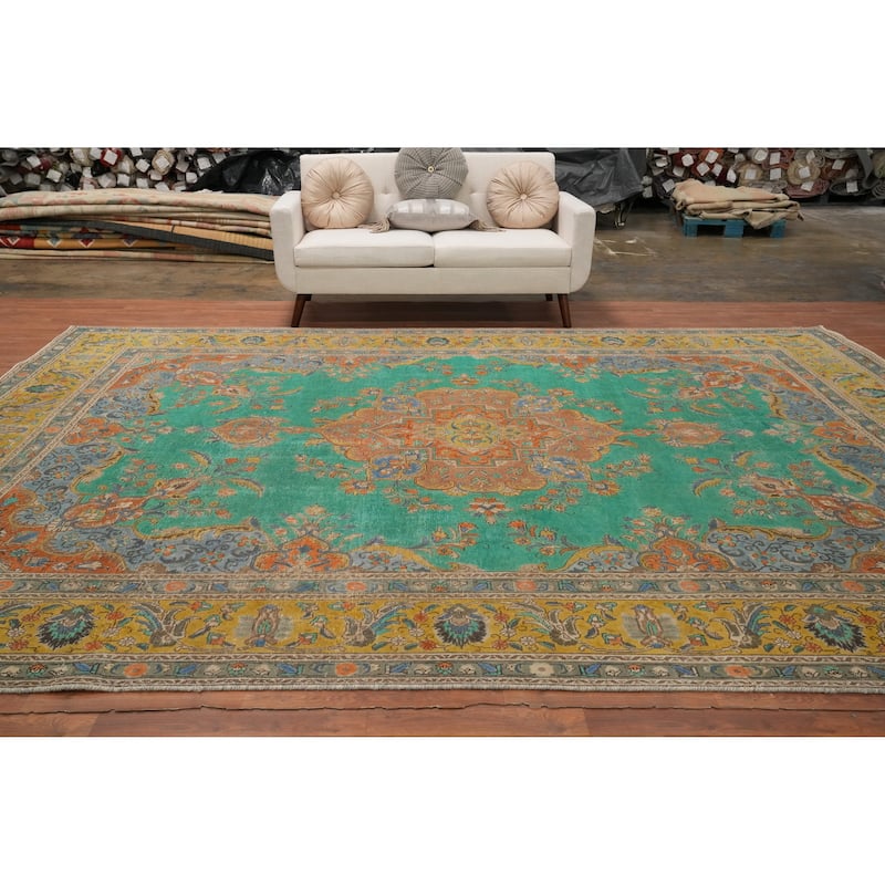 Hand Knotted Oriental 100% Wool Carpet Traditional Floral Green Tabriz Area Rug - 12' 9'' X 9' 9''