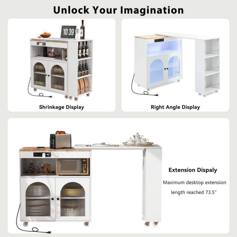 Rolling Kitchen Island with Movable Extended Table on Wheels,LED Lights Power Outlets & Fluted Doors,3 Open Adjustable Shelves