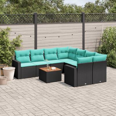 vidaXL 9 Piece Patio Sofa Set with Cushions Black Poly Rattan - 24.4 x 24.4 x 27.2