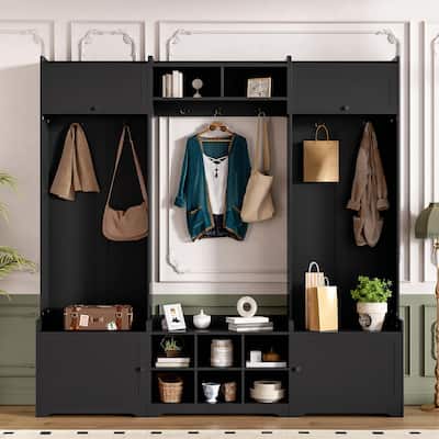 79.1'' Wide Modern Hall Tree with 8 Cubbies, 7 Coat Hooks & Adjustable Shelf