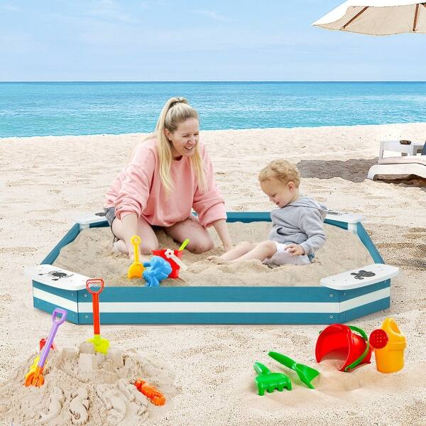 slide 2 of 10, Outdoor Solid Wood Sandbox with 4 Built-in Animal Patterns Seats - 49.5" x 49.5" x 5.5" blue-white