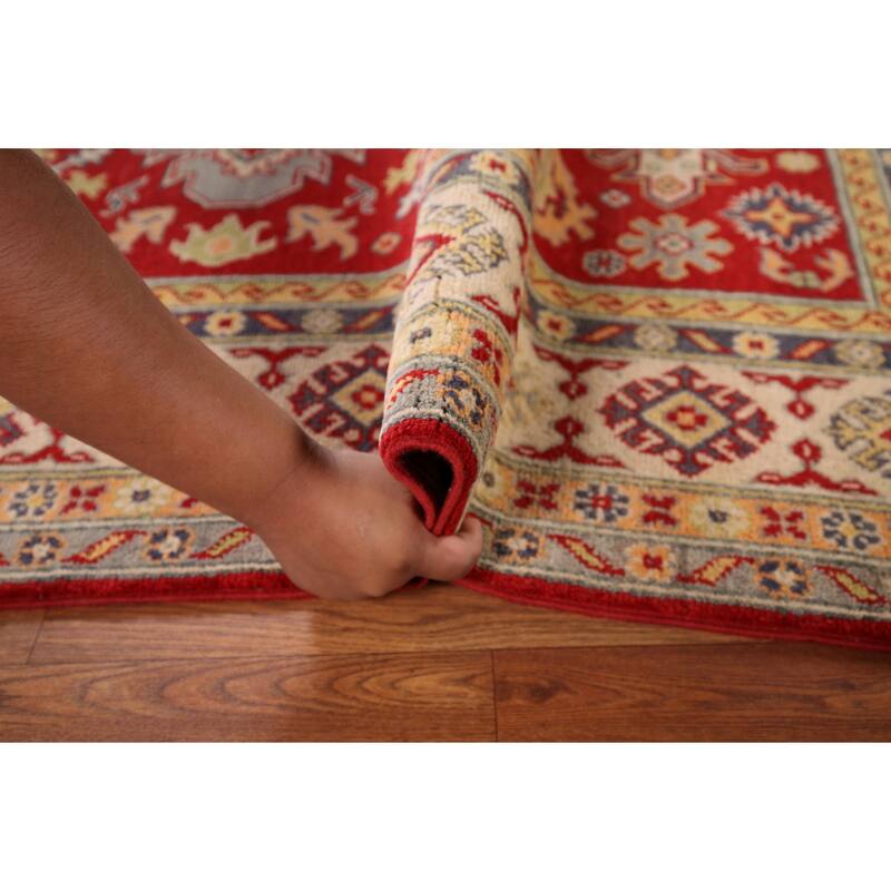 Red Geometric Kazak Area Rug Handmade Traditional Oriental Wool Carpet - 4'10" x 6'8"