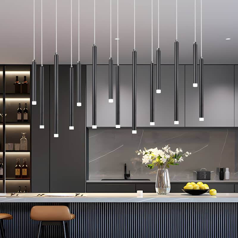 14 Light Linear LED Integrated in Black or Gold Cluster Chandelier, Luxury Kitchen Island Dining Room Pendant