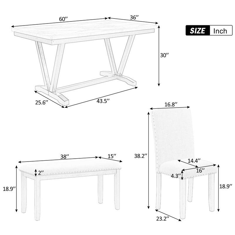 Modern Style 6PCS Dining Table with 4 Chairs & 1 Bench,Table with Marbled Veneers Tabletop and V-shaped Table Legs