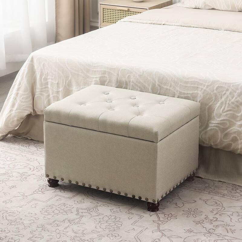 Adeco Storage Ottoman Tufted Linen Wood Bench with Nails