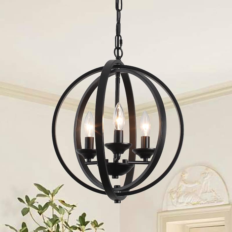 3 - Light Industrial Metal Orb Hanging Chandelier with Adjustable Chain - Black