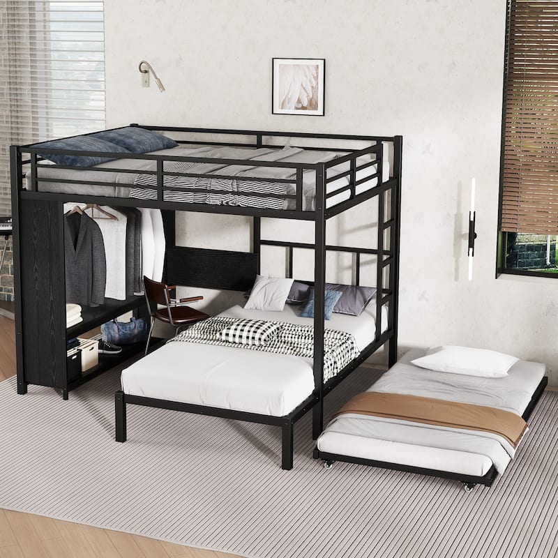 Queen Over Twin Metal Bunk Bed with Built-in Wardrobe, Trundle, Foldable Desk, and Noise-Reduced Design