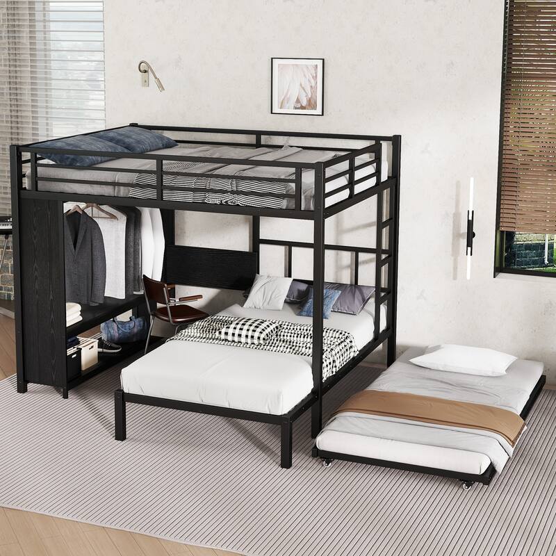 Queen over Twin Metal Bunk Bed with Built-in Wardrobe, Trundle and Foldable Desk