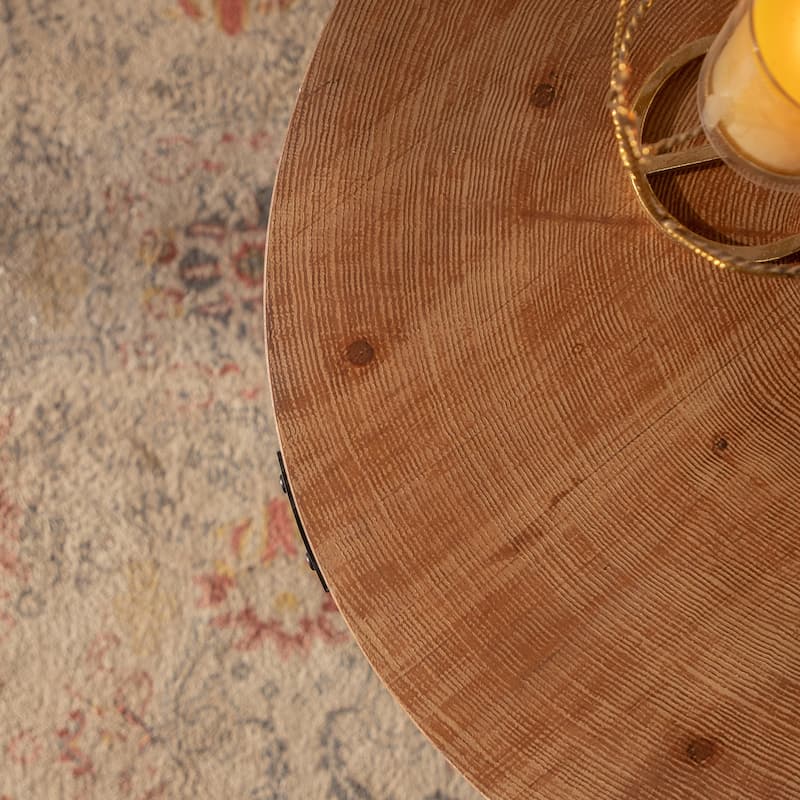 Handcrafted Relief Round Coffee Table with Shelf