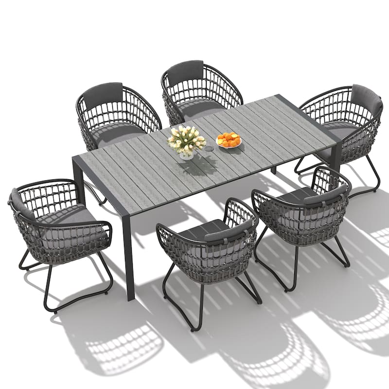 Outdoor Patio Dining Set Aluminum Table with Umbrella Hole with Rattan Chairs