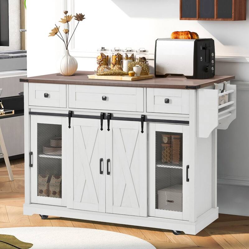 Farmhouse 58" Kitchen Island with Drop Leaf, Rolling Kitchen Island on 5 Wheels with Sliding Barn Door and Adjustable Shelves
