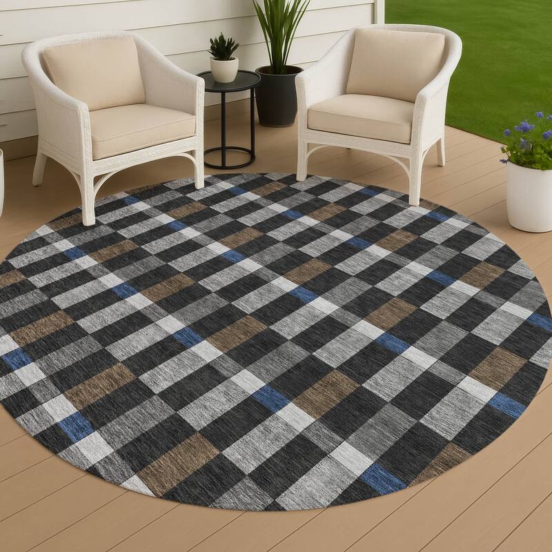 Machine Washable Indoor/ Outdoor Modern Chanute Chantille Rug - Black - 8' x 8'