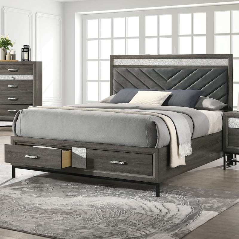 Furniture of America Heinisk Modern Grey Storage Platform Bed with Chevron Headboard and Footboard Drawers - King