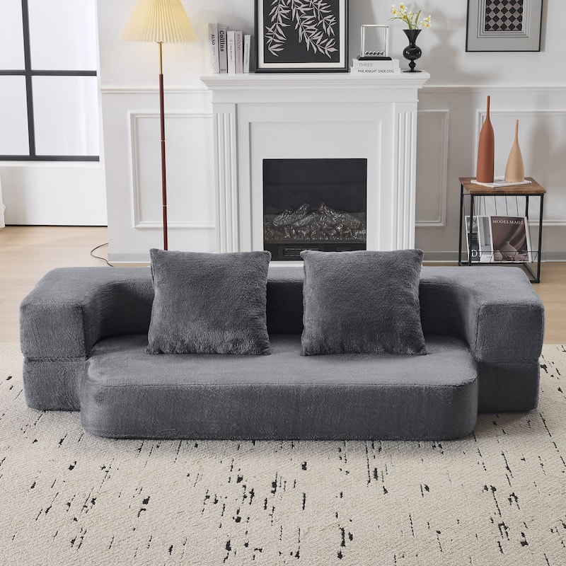74.81" Faux Fur 3-in-1 3-Seater Floor Sofa, Converts to Bed with Memory Foam