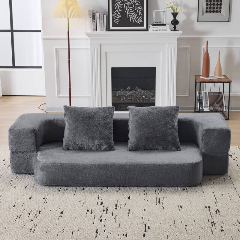 Transformable Sectional Sofa with 3 Ottomans - Fold-Out Bed, Light Grey Chenille Lounger in Faux Fur