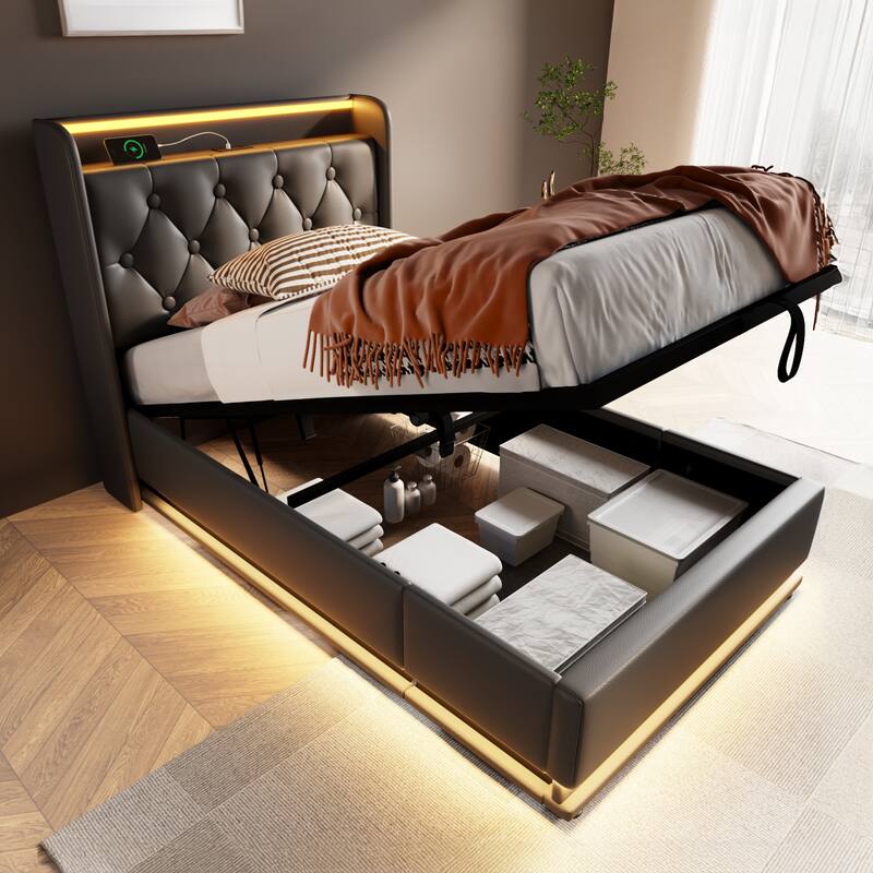 Metal Frame Storage Bed LED PU Upholstered Platform Bed, Twin