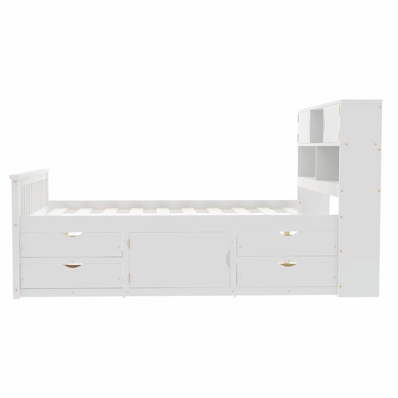 Captain Platform Bed Frame with Storage Bookcases, Shelves & Four Drawers